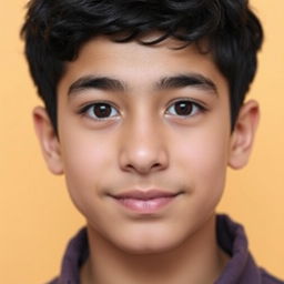 A portrait of a tall 14-year-old Iranian boy with short, slightly curly black hair, black eyebrows, and small almond-shaped dark brown eyes