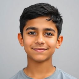 A portrait of a tall 14-year-old Iranian boy with short, slightly curly black hair, black eyebrows, and small almond-shaped dark brown eyes