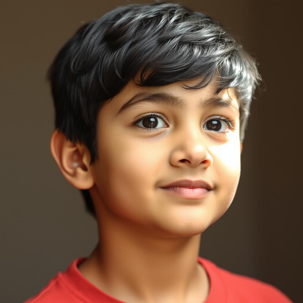 A portrait of a tall 14-year-old Iranian boy with short, slightly curly black hair, black eyebrows, and small almond-shaped dark brown eyes