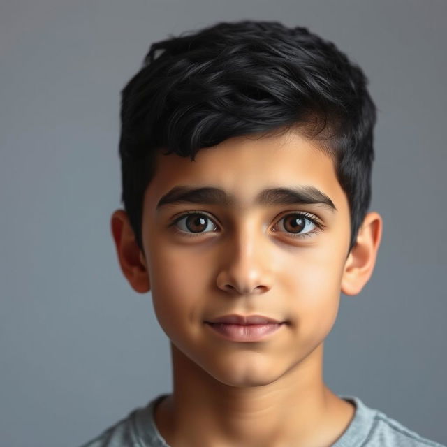 A portrait of a tall 14-year-old Iranian boy with short, slightly curly black hair, black eyebrows, and small almond-shaped dark brown eyes