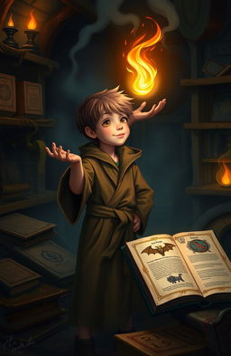 A young wizard's apprentice named Arlen, filled with wonder and curiosity, stands in a mystical, dimly lit study filled with ancient tomes and magical artifacts