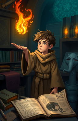 A young wizard's apprentice named Arlen, filled with wonder and curiosity, stands in a mystical, dimly lit study filled with ancient tomes and magical artifacts
