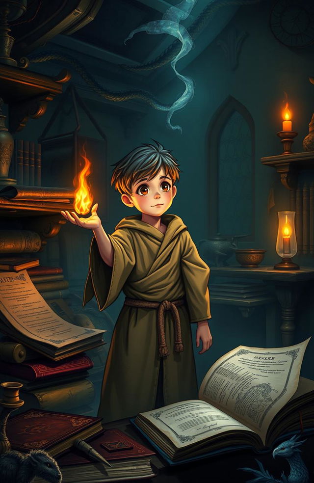 A young wizard's apprentice named Arlen, filled with wonder and curiosity, stands in a mystical, dimly lit study filled with ancient tomes and magical artifacts