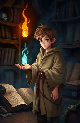 A young wizard's apprentice named Arlen, filled with wonder and curiosity, stands in a mystical, dimly lit study filled with ancient tomes and magical artifacts