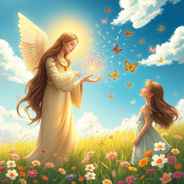 A beautifully detailed illustration of a divine scene depicting a benevolent deity radiating love towards a young woman