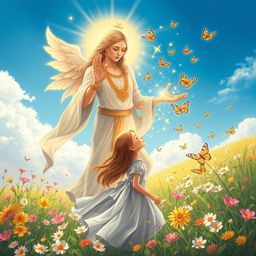 A beautifully detailed illustration of a divine scene depicting a benevolent deity radiating love towards a young woman