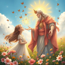 A beautifully detailed illustration of a divine scene depicting a benevolent deity radiating love towards a young woman