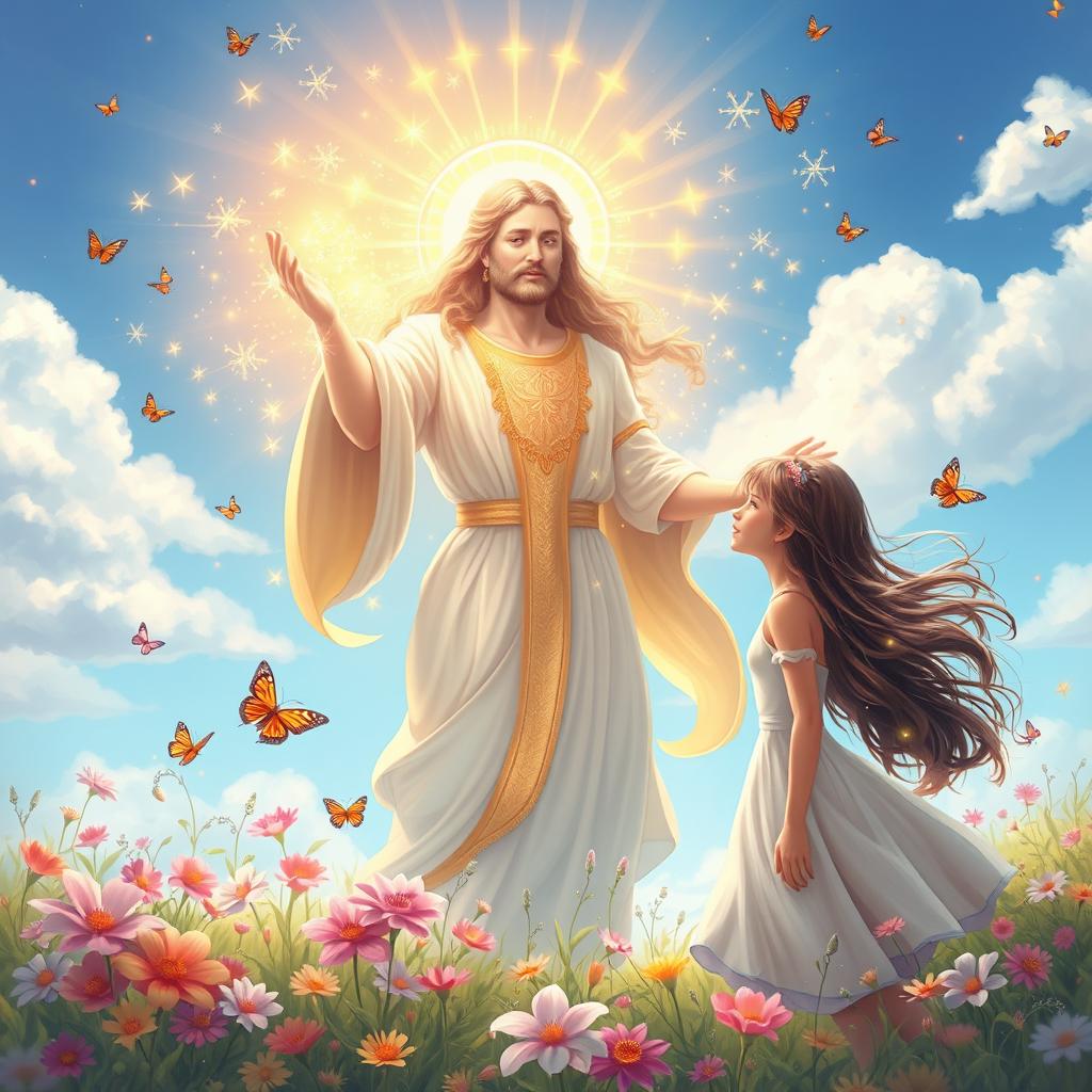 A beautifully detailed illustration of a divine scene depicting a benevolent deity radiating love towards a young woman