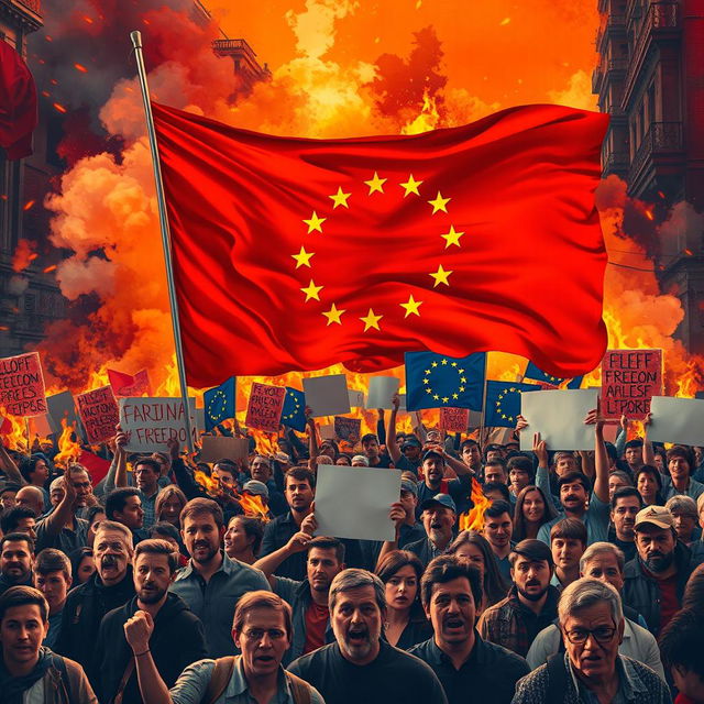 A vibrant and impactful poster depicting a scene of passionate protesters in a dynamic urban setting, holding banners and chanting amidst a backdrop of flames and smoke