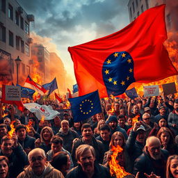 A vibrant and impactful poster depicting a scene of passionate protesters in a dynamic urban setting, holding banners and chanting amidst a backdrop of flames and smoke