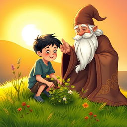 A charming book cover illustration featuring a young boy with dark hair kneeling on a grassy hillside, carefully picking vibrant herbs