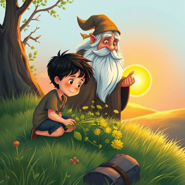 A charming book cover illustration featuring a young boy with dark hair kneeling on a grassy hillside, carefully picking vibrant herbs