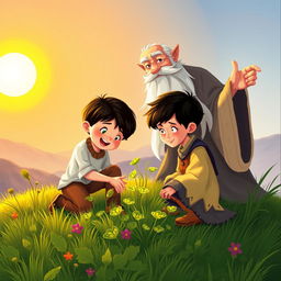 A charming book cover illustration featuring a young boy with dark hair kneeling on a grassy hillside, carefully picking vibrant herbs