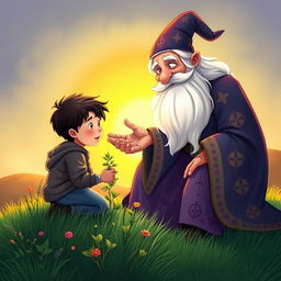 A charming book cover illustration featuring a young boy with dark hair kneeling on a grassy hillside, carefully picking vibrant herbs