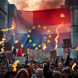 A powerful and evocative poster capturing the essence of the ongoing protests in Georgia, filled with determined protesters in a lively urban environment