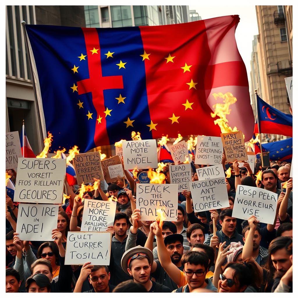 A powerful and evocative poster capturing the essence of the ongoing protests in Georgia, filled with determined protesters in a lively urban environment