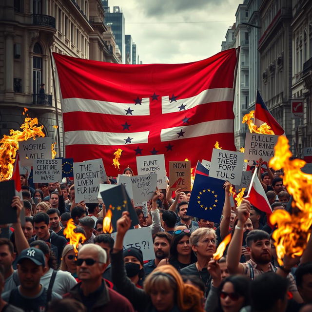 A powerful and evocative poster capturing the essence of the ongoing protests in Georgia, filled with determined protesters in a lively urban environment