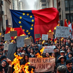 A powerful and evocative poster capturing the essence of the ongoing protests in Georgia, filled with determined protesters in a lively urban environment