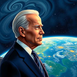 A celestial depiction of Joe Biden, wearing a contemplative expression, observing Earth from a vantage point in space