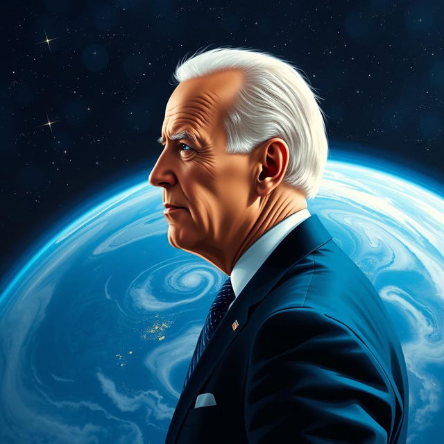 A celestial depiction of Joe Biden, wearing a contemplative expression, observing Earth from a vantage point in space