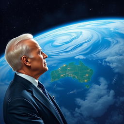 A celestial depiction of Joe Biden, wearing a contemplative expression, observing Earth from a vantage point in space