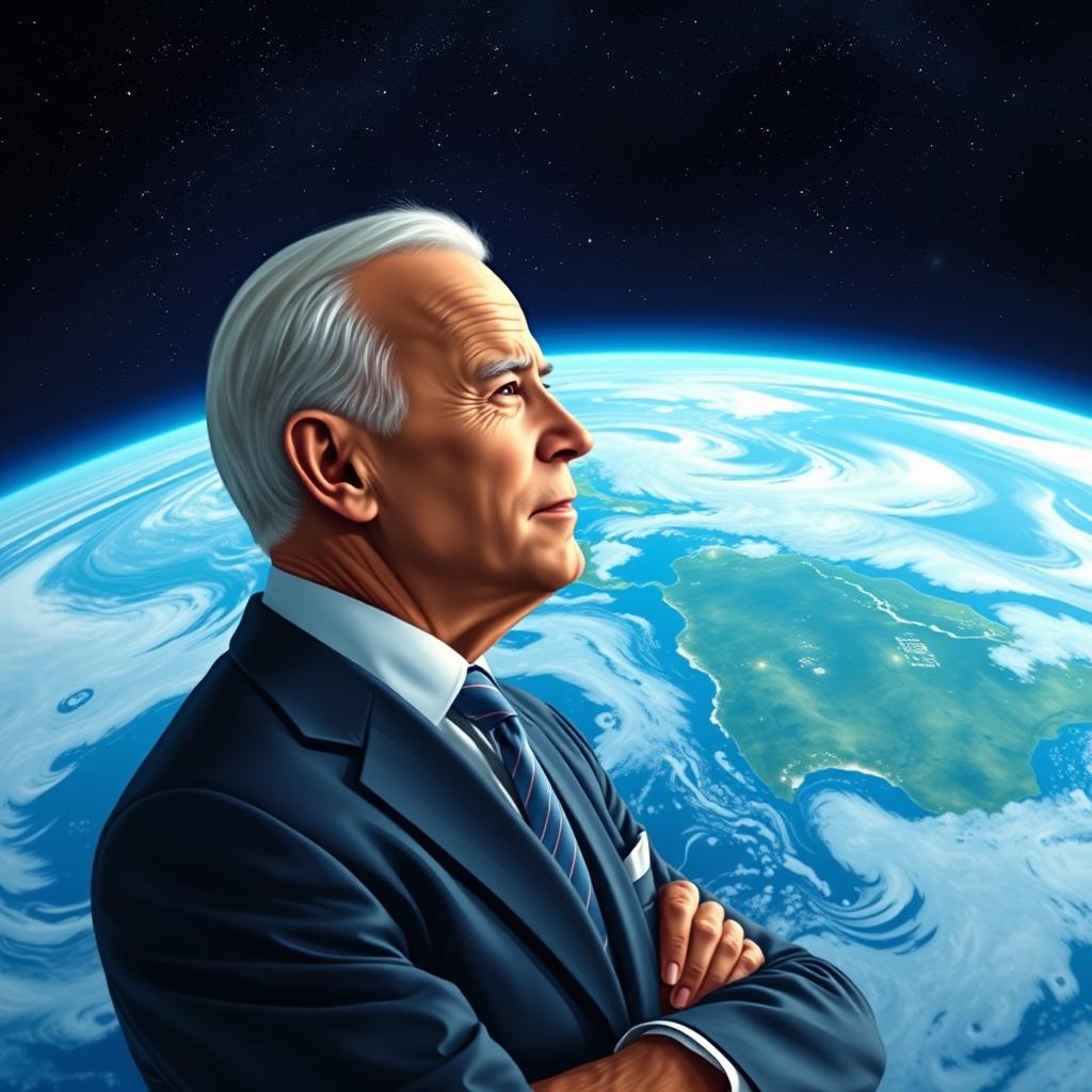 A celestial depiction of Joe Biden, wearing a contemplative expression, observing Earth from a vantage point in space