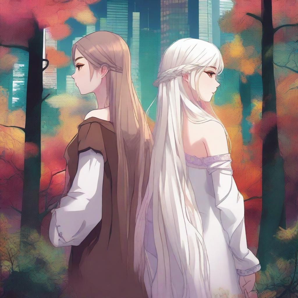 A high-quality digital art image showcases two girls standing back to back