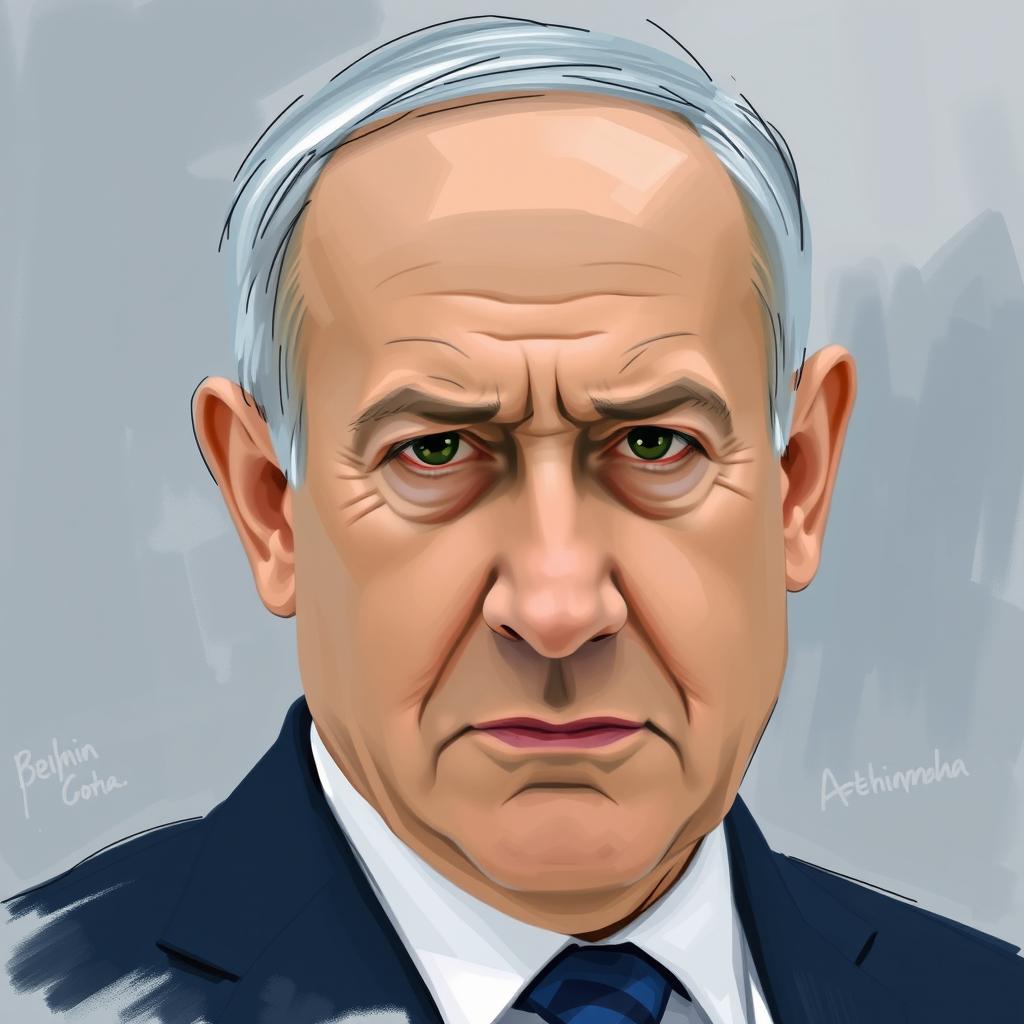 A portrait of Benjamin Netanyahu depicted in an artistic style that combines sketch and oil paint techniques