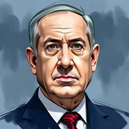 A portrait of Benjamin Netanyahu depicted in an artistic style that combines sketch and oil paint techniques