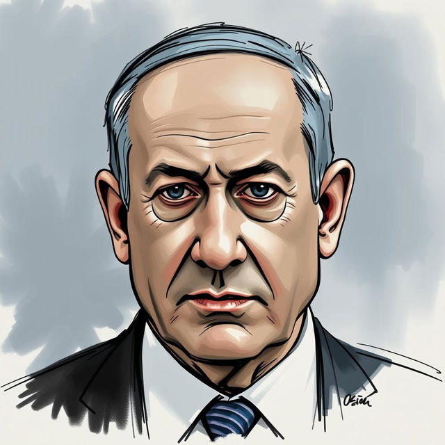 A portrait of Benjamin Netanyahu depicted in an artistic style that combines sketch and oil paint techniques