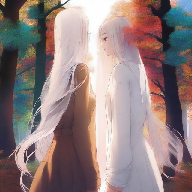 A high-quality digital art image showcases two girls standing back to back