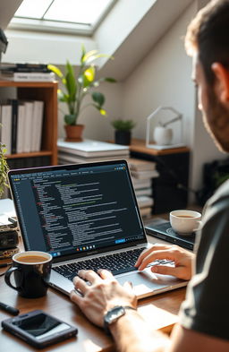 A modern workspace with a developer coding an Asp