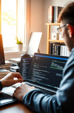 A modern workspace with a developer coding an Asp