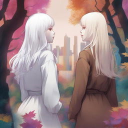 A high-quality digital art image showcases two girls standing back to back