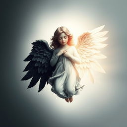 A celestial angel depicted with a striking duality, featuring a dark right side that embodies shadows and mystique, contrasted by a light left side radiating brightness and purity