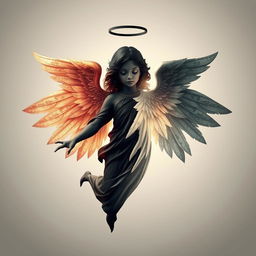 A celestial angel depicted with a striking duality, featuring a dark right side that embodies shadows and mystique, contrasted by a light left side radiating brightness and purity