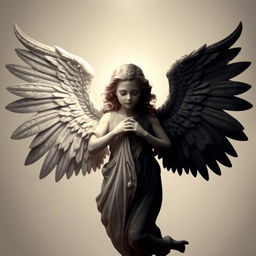 A celestial angel depicted with a striking duality, featuring a dark right side that embodies shadows and mystique, contrasted by a light left side radiating brightness and purity