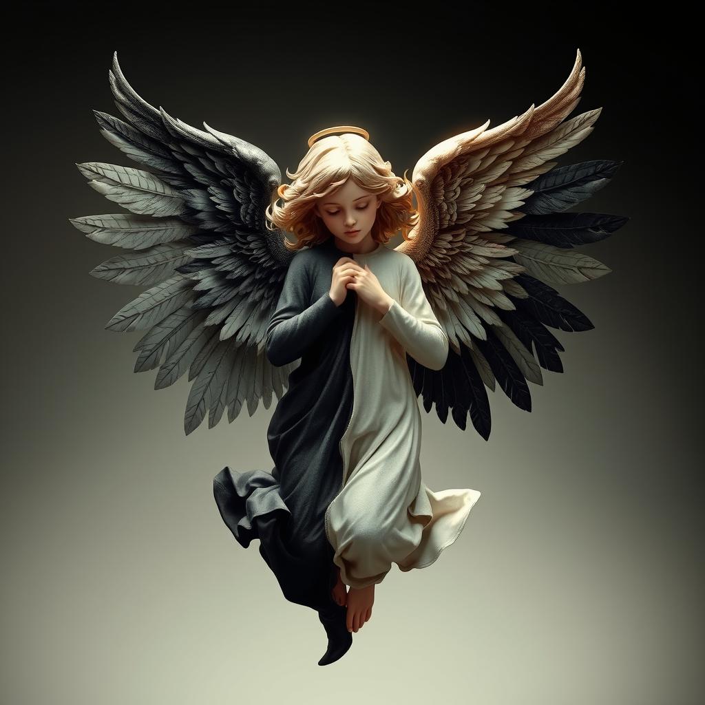 A celestial angel depicted with a striking duality, featuring a dark right side that embodies shadows and mystique, contrasted by a light left side radiating brightness and purity