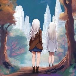 A high-quality digital art image showcases two girls standing back to back