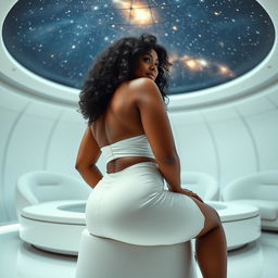 A full-body image of a beautiful 50-year-old Afro-American mature woman with curly black hair and a curvaceous physique, featuring large 42DD breasts, wide hips, a very slim waist, thick thighs, and beautiful, toned legs