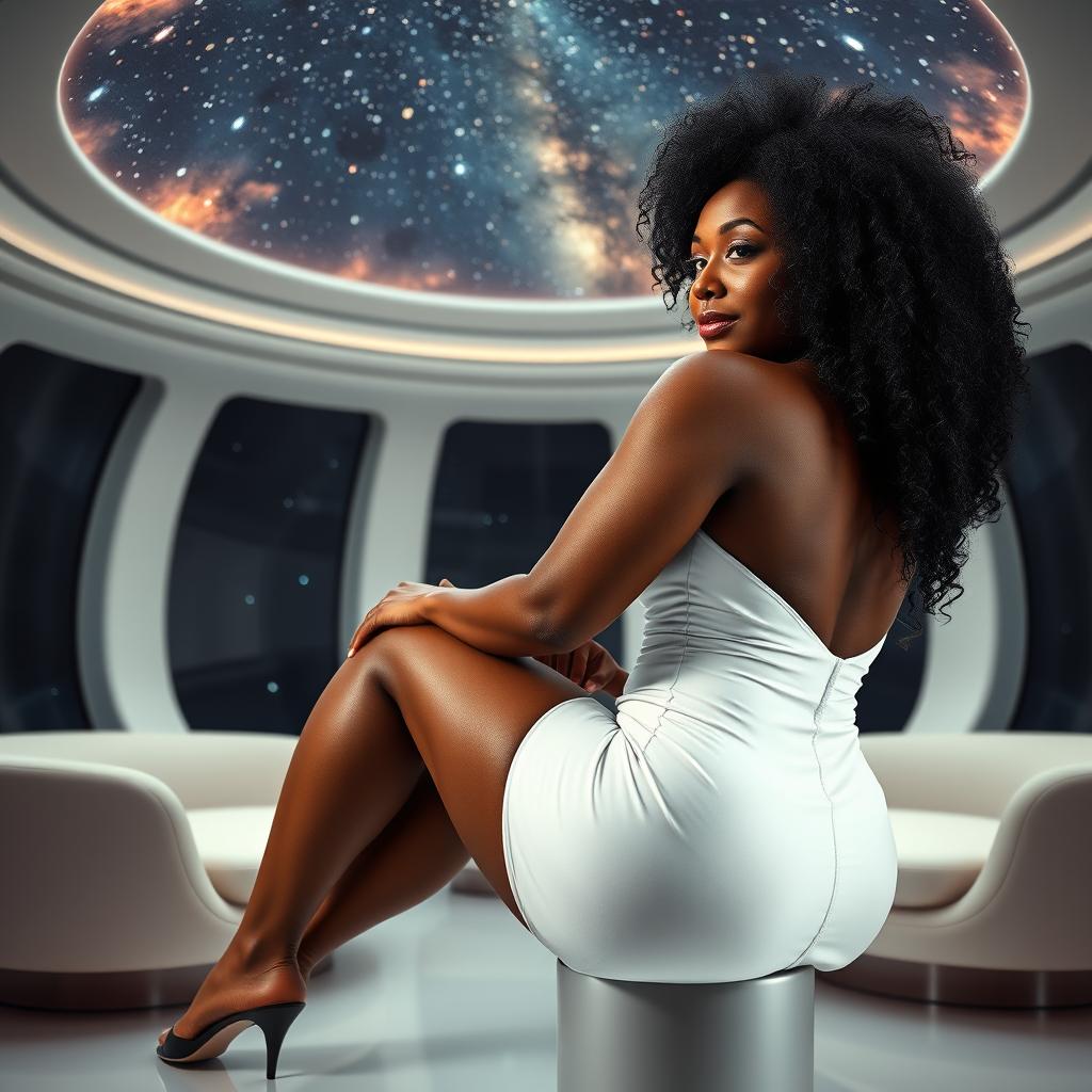 A full-body image of a beautiful 50-year-old Afro-American mature woman with curly black hair and a curvaceous physique, featuring large 42DD breasts, wide hips, a very slim waist, thick thighs, and beautiful, toned legs