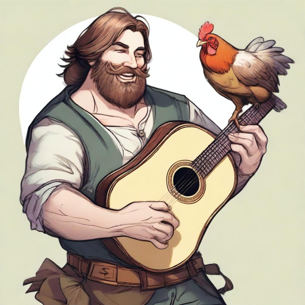 This is an ultra-realistic comic-style image of a hideously ugly bard, characterized by his brown hair, beard, and pale skin