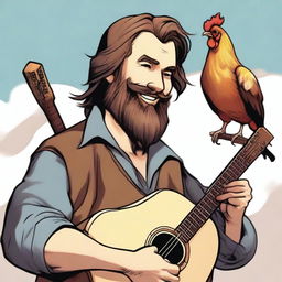 This is an ultra-realistic comic-style image of a hideously ugly bard, characterized by his brown hair, beard, and pale skin