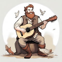 This is an ultra-realistic comic-style image of a hideously ugly bard, characterized by his brown hair, beard, and pale skin