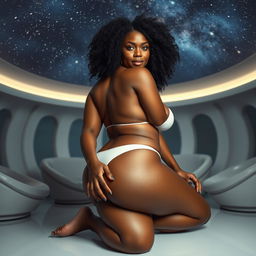 A full-body image of a beautiful 50-year-old Afro-American mature woman with curly black hair and a curvaceous physique, featuring large 42DD breasts, wide hips, a very slim waist, thick thighs, and beautiful, toned legs