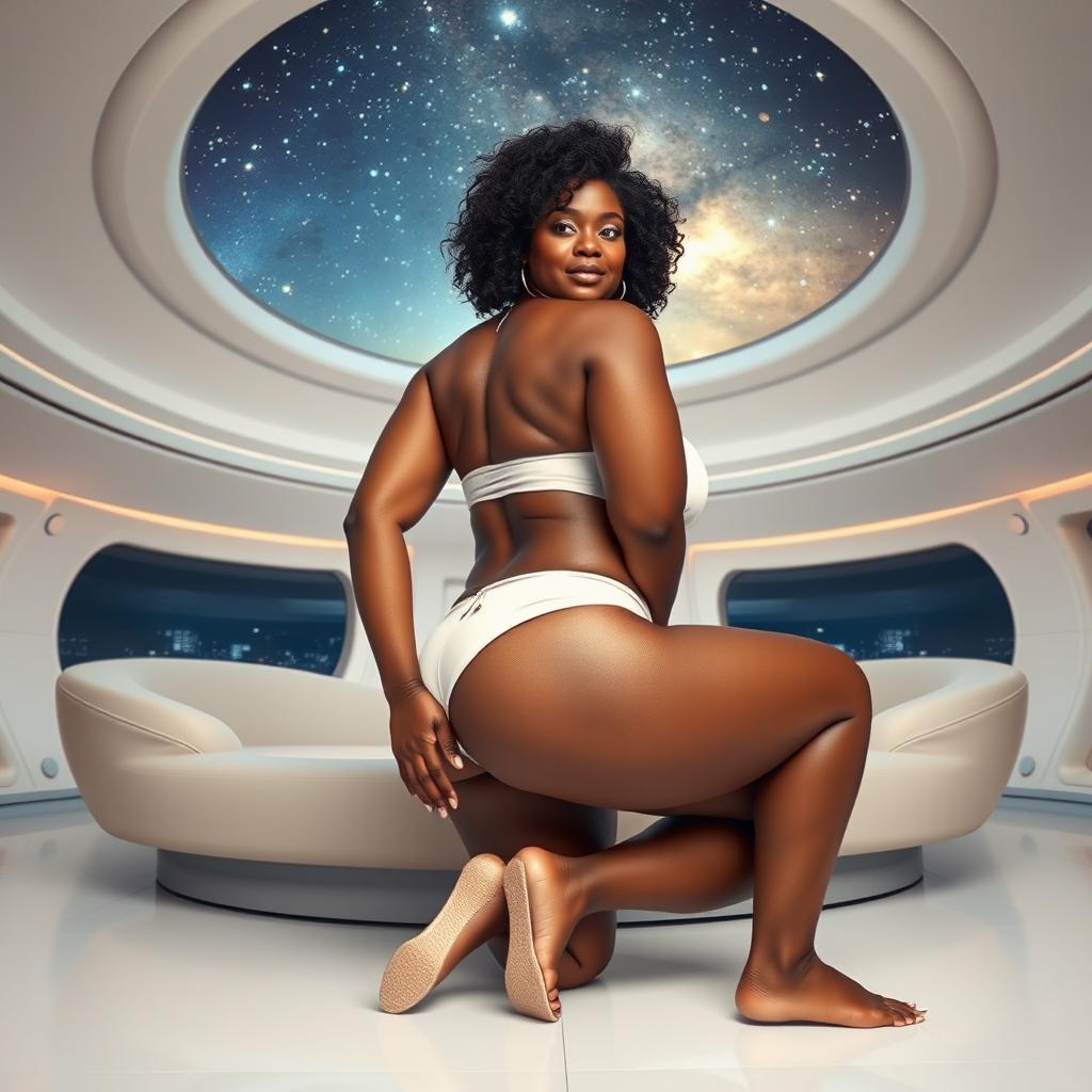 A full-body image of a beautiful 50-year-old Afro-American mature woman with curly black hair and a curvaceous physique, featuring large 42DD breasts, wide hips, a very slim waist, thick thighs, and beautiful, toned legs