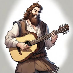 This is an ultra-realistic comic-style image of a hideously ugly bard, characterized by his brown hair, beard, and pale skin