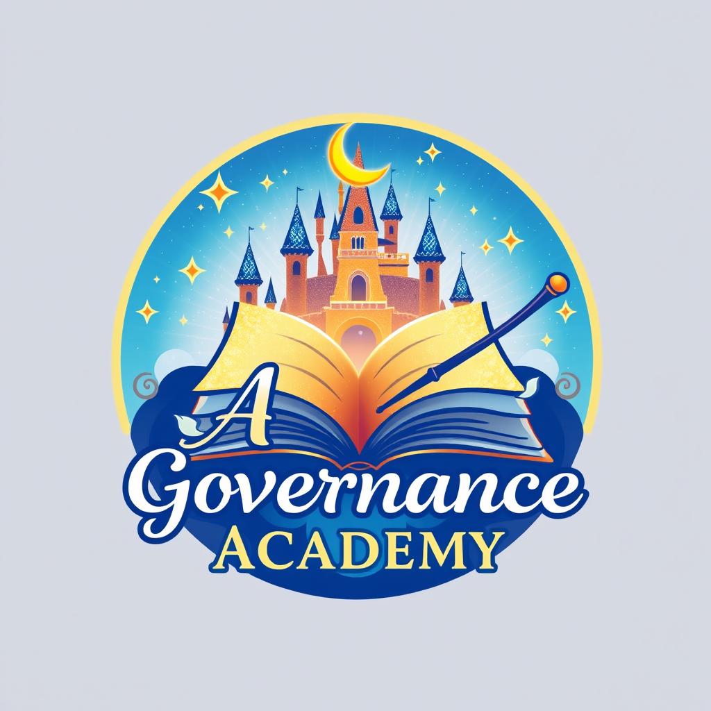Logo design for a magical school named 'Astral Governance Academy', styled in a whimsical, Disney-like aesthetic