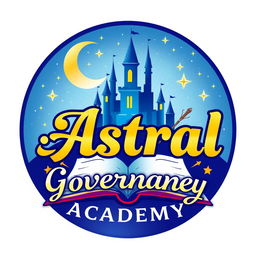 Logo design for a magical school named 'Astral Governance Academy', styled in a whimsical, Disney-like aesthetic