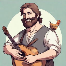 This is an ultra-realistic comic-style image of a bard, who despite his hideous ugliness, smiles cheerfully while playing a lute